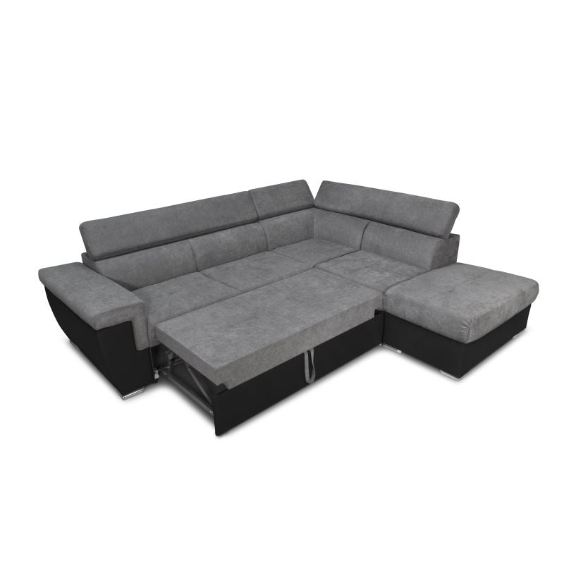 MILO - Canapé d'angle convertible avec coffre en simili et tissu - Gris/noir