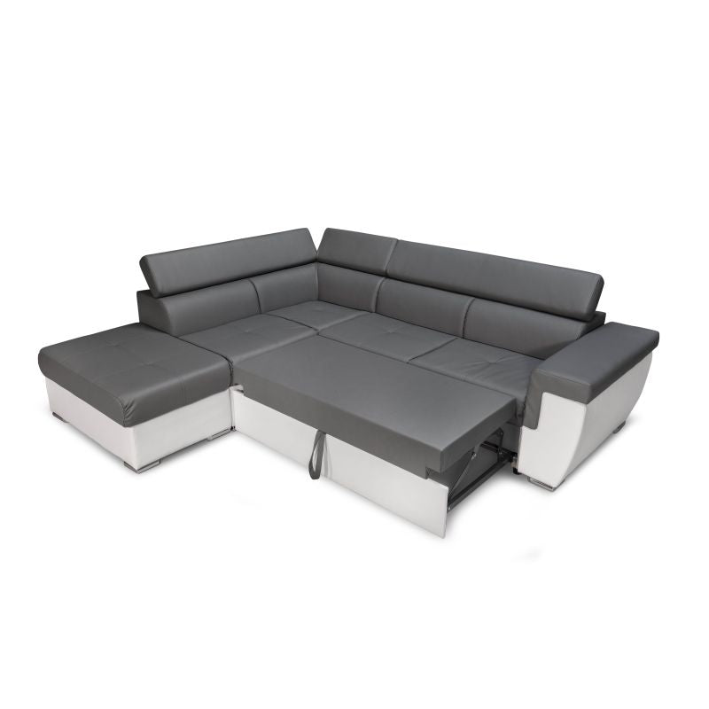 MILO - Canapé d'angle convertible avec coffre en simili - Gris/blanc