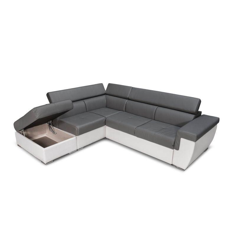 MILO - Canapé d'angle convertible avec coffre en simili - Gris/blanc