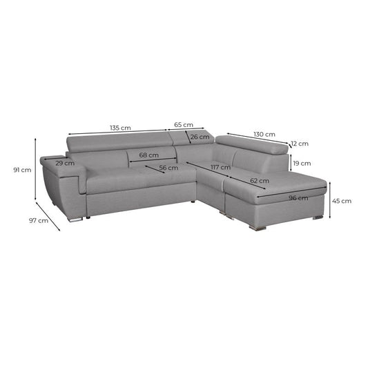 MILO - Canapé d'angle convertible avec coffre en tissu - Gris clair