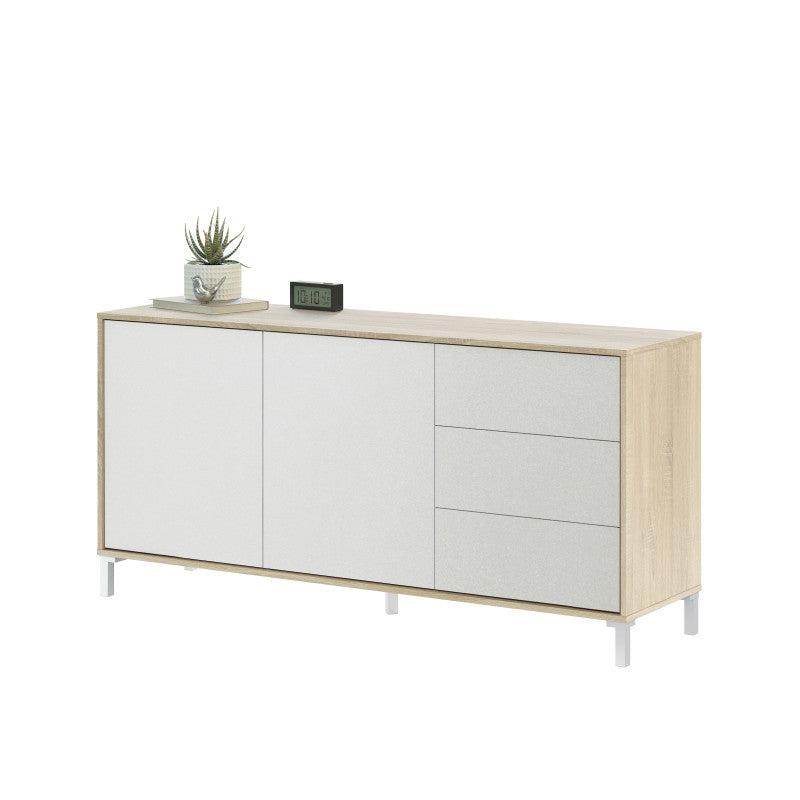 JAVIER - Buffet 2 portes et 3 tiroirs L154cm - Blanc/chêne