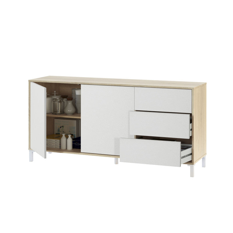 JAVIER - Buffet 2 portes et 3 tiroirs L154cm - Blanc/chêne