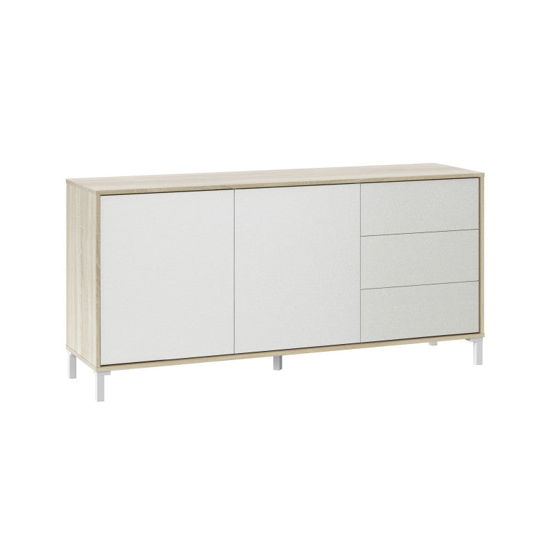 JAVIER - Buffet 2 portes et 3 tiroirs L154cm - Blanc/chêne