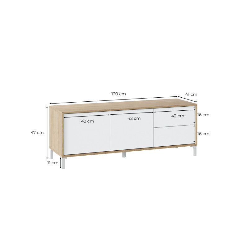 JAVIER - Meuble TV 2 portes et 2 tiroirs L130 cm - Blanc/chêne