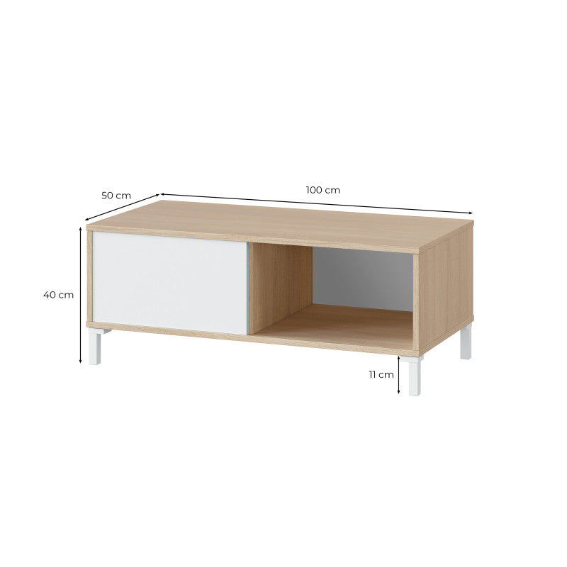 JAVIER - Table basse 2 niches L100 cm - Blanc/chêne