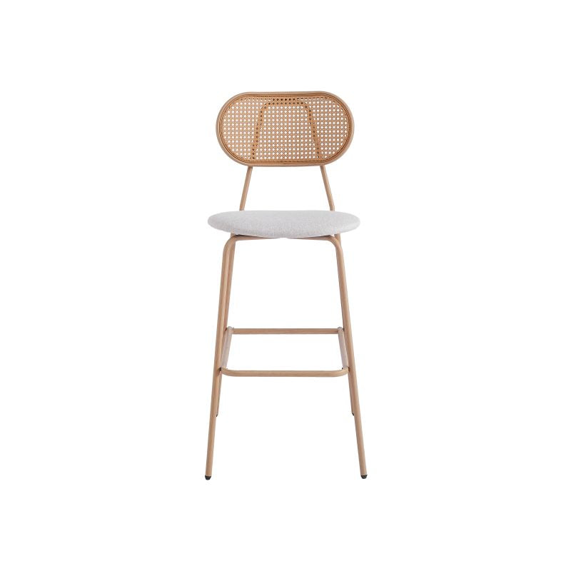 JUNO - Lot de 2 tabourets de bar en cannage et assise tissu avec pieds métal - Beige