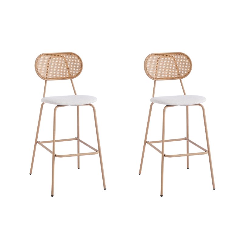 JUNO - Lot de 2 tabourets de bar en cannage et assise tissu avec pieds métal - Beige