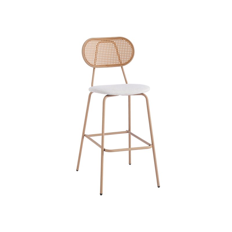 JUNO - Lot de 2 tabourets de bar en cannage et assise tissu avec pieds métal - Beige