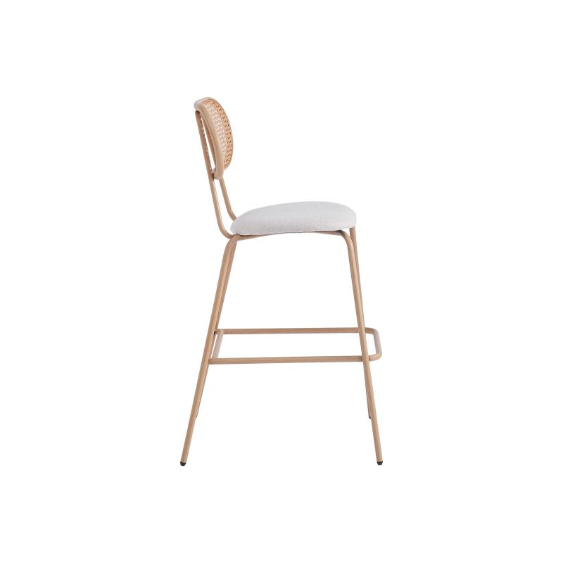 JUNO - Lot de 2 tabourets de bar en cannage et assise tissu avec pieds métal - Beige