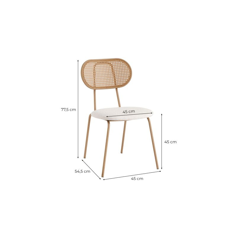 JUNO - Lot de 4 chaises en cannage et assise tissu avec pieds métal - Beige