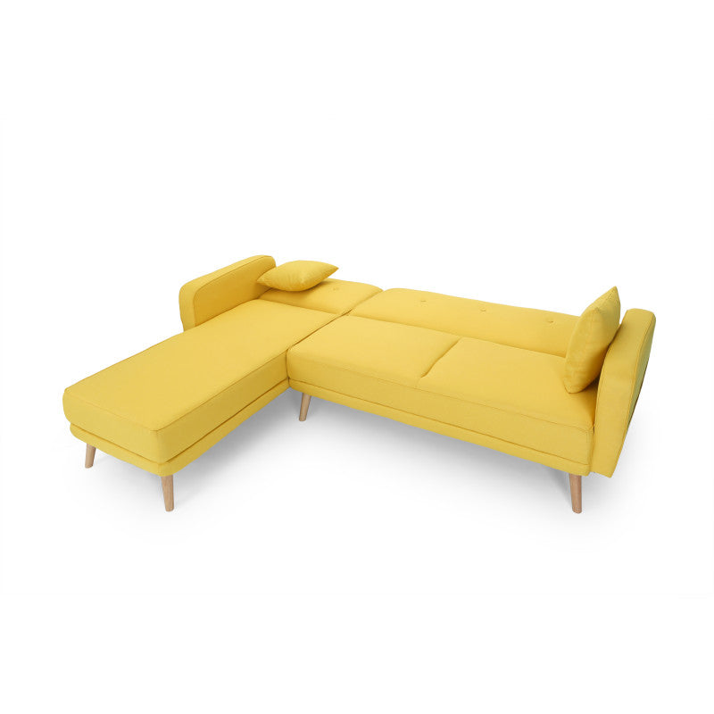 KAPITO - Canapé d'angle réversible convertible en tissu avec pieds bois clair - Jaune