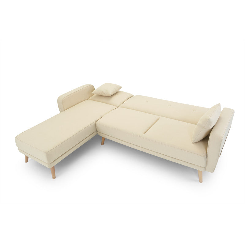 KAPITO - Canapé d'angle réversible convertible en tissu avec pieds bois clair - Beige