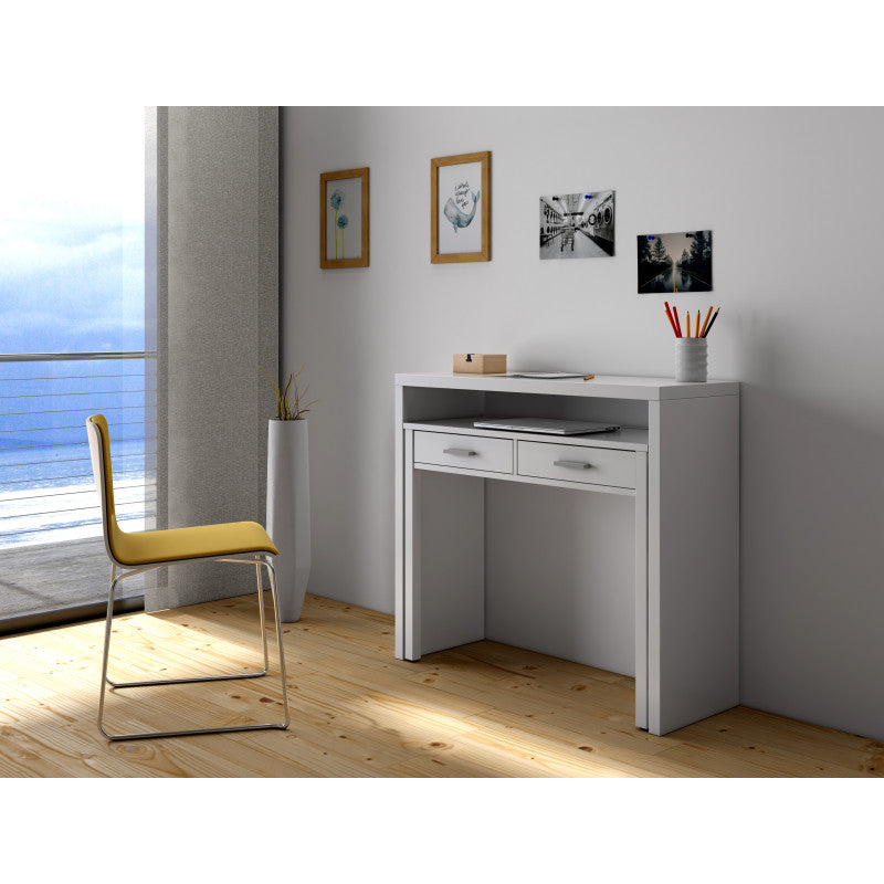 KONSOR - Bureau console extensible 2 tiroirs L100 cm - Blanc