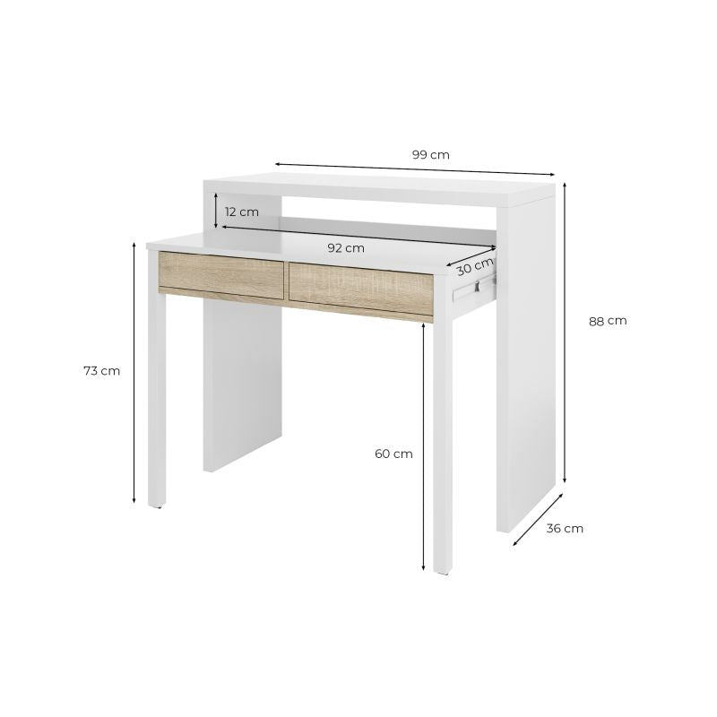 KONSOR - Bureau console extensible 2 tiroirs L100 cm - Blanc/chêne