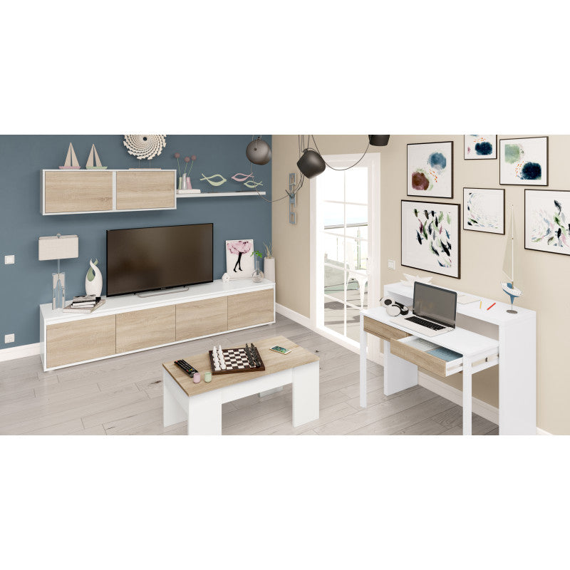 KONSOR - Bureau console extensible 2 tiroirs L100 cm - Blanc/chêne