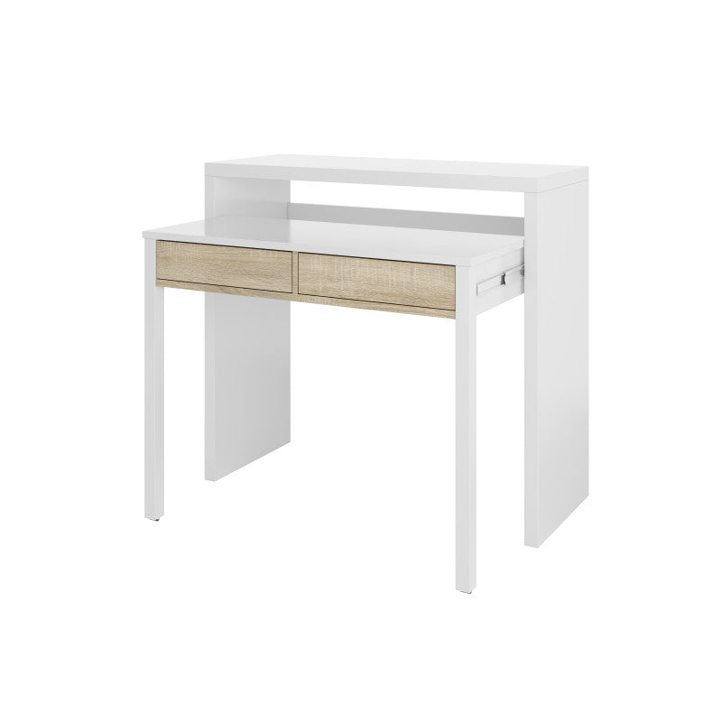 KONSOR - Bureau console extensible 2 tiroirs L100 cm - Blanc/chêne