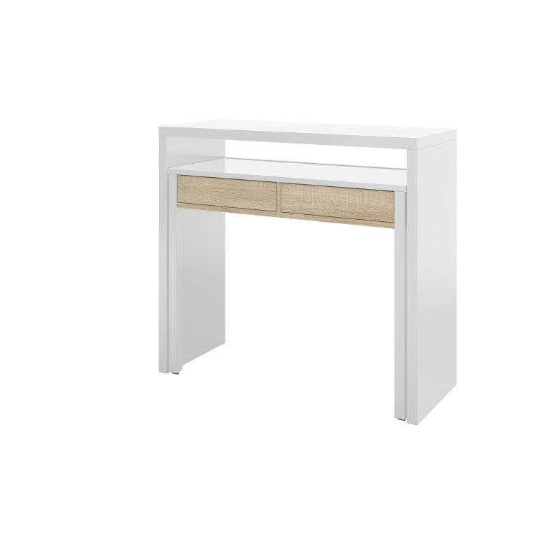 KONSOR - Bureau console extensible 2 tiroirs L100 cm - Blanc/chêne