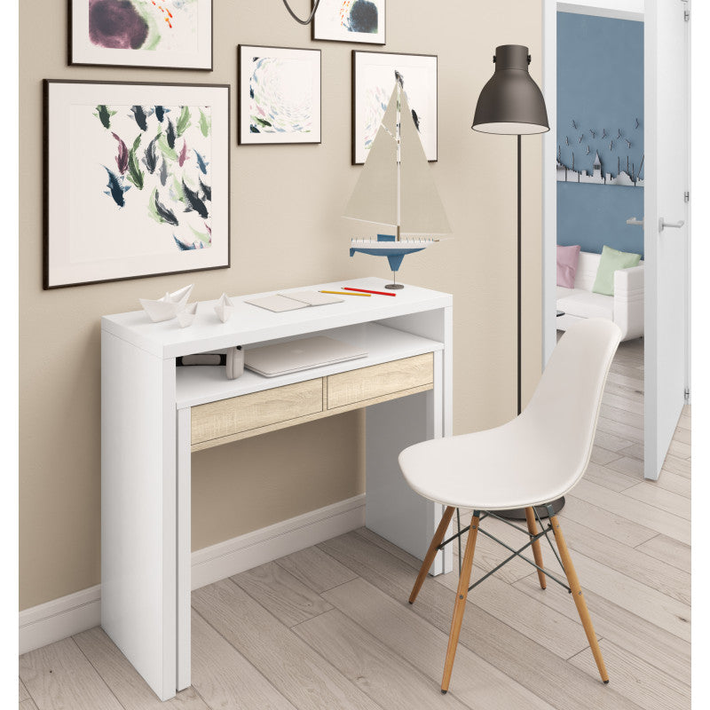 KONSOR - Bureau console extensible 2 tiroirs L100 cm - Blanc/chêne