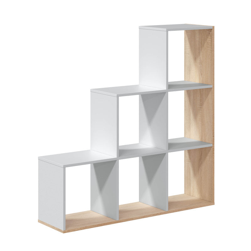 KUBITO - Bibliothèque escalier 6 cases L108 x H110 cm - Blanc/chêne