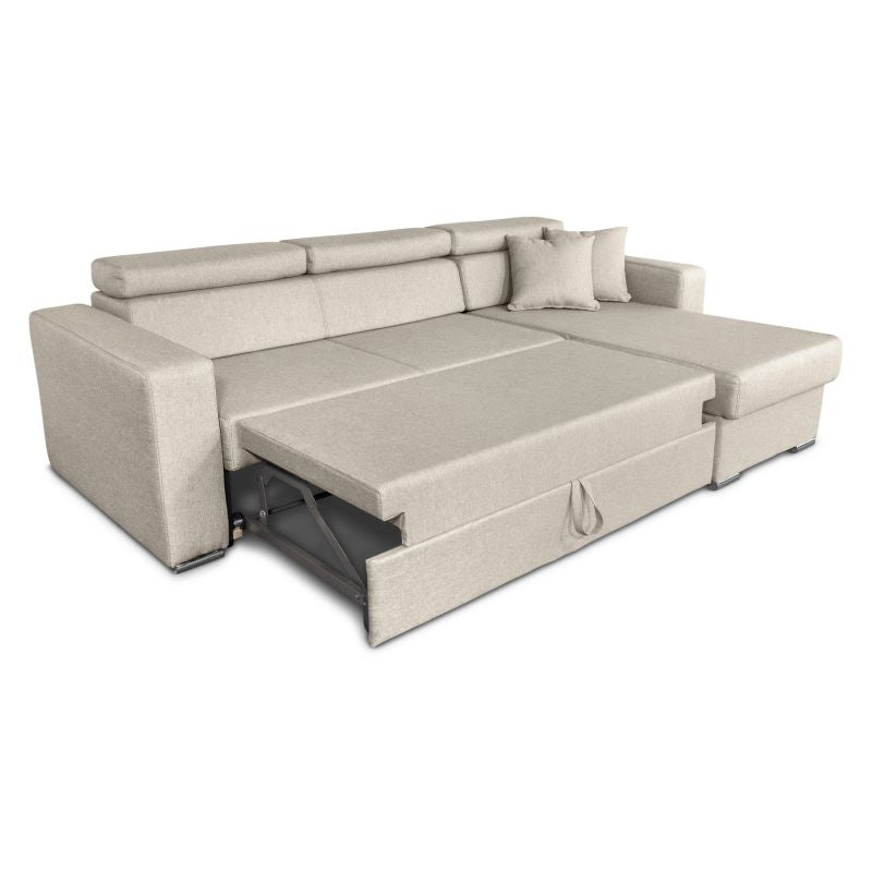 FIONA - Canapé d'angle réversible convertible avec coffre de rangement en tissu - Beige