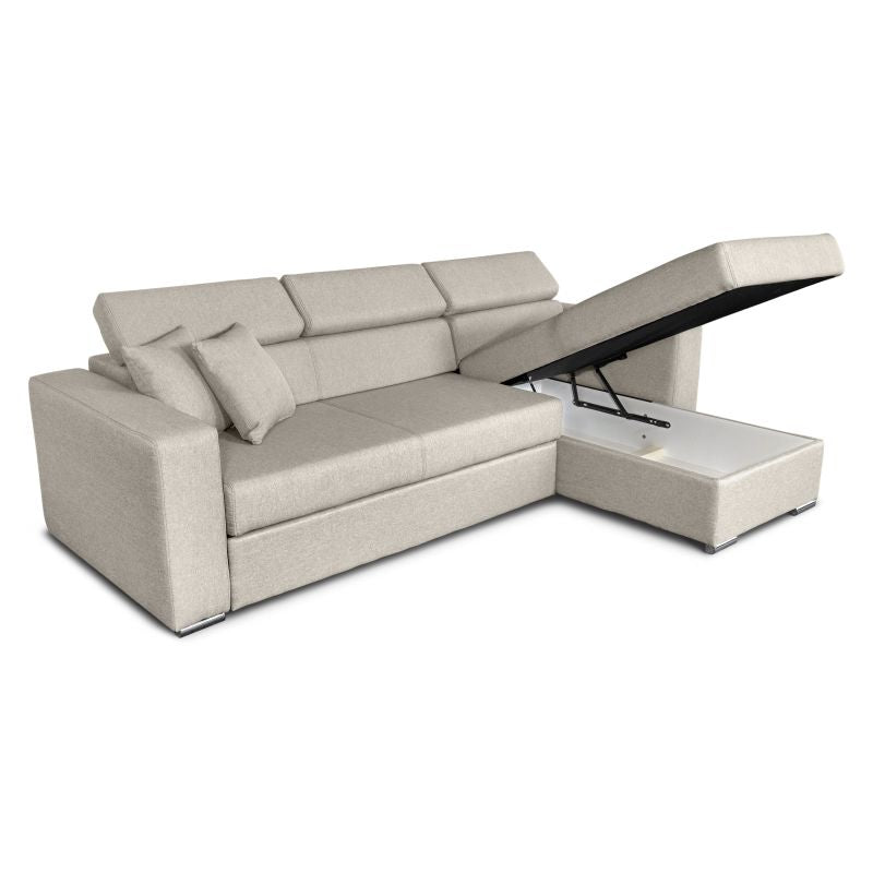 FIONA - Canapé d'angle réversible convertible avec coffre de rangement en tissu - Beige