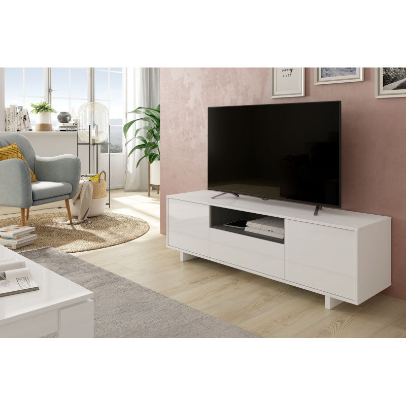 LUISA - Meuble TV 3 portes et 1 niche L150 cm - Blanc brillant