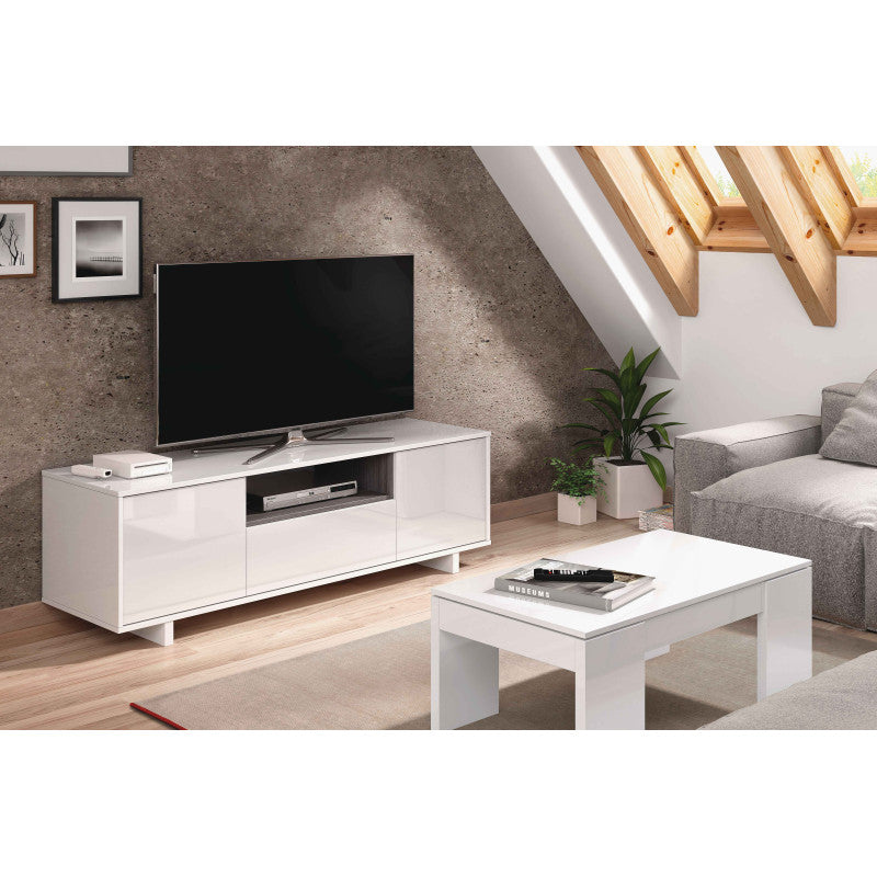 LUISA - Meuble TV 3 portes et 1 niche L150 cm - Blanc brillant