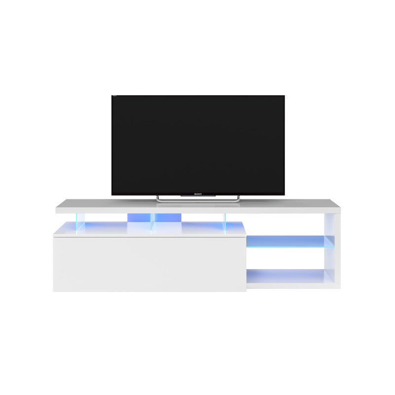 LUZ - Meuble TV LED 1 porte et 4 niches L150 cm - Blanc brillant