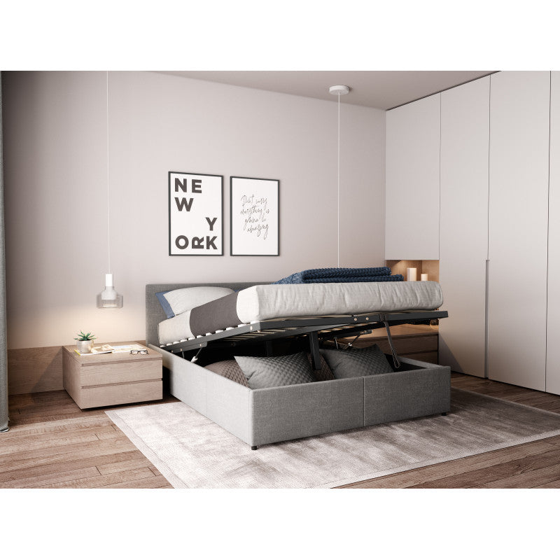 HOPI - Cadre de lit avec coffre de rangement et tête de lit en tissu - Gris clair - 140x190 cm