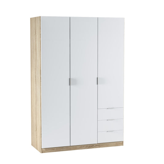 MALCOM - Armoire 3 portes + 3 tiroirs L121 x H180 cm - Blanc/chêne