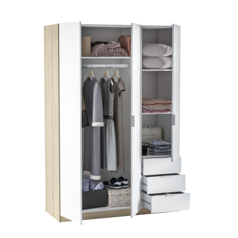 MALCOM - Armoire 3 portes + 3 tiroirs L121 x H180 cm - Blanc/chêne