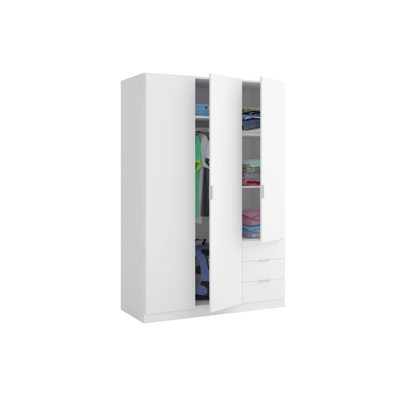 MALCOM - Armoire 3 portes + 3 tiroirs L121 x H180 cm - Blanc