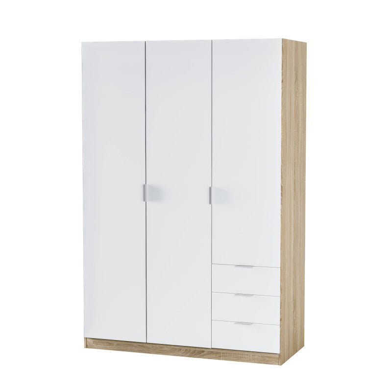 MALCOM - Armoire 3 portes + 3 tiroirs L121 x H180 cm - Blanc/chêne