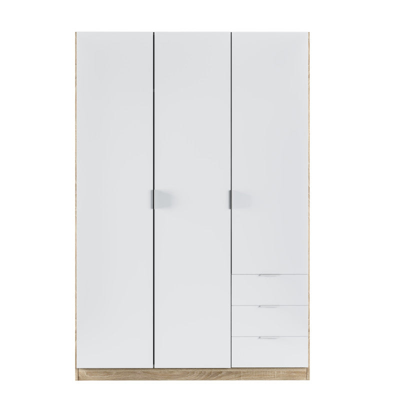 MALCOM - Armoire 3 portes + 3 tiroirs L121 x H180 cm - Blanc/chêne