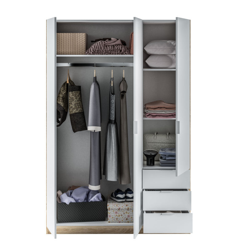 MALCOM - Armoire 3 portes + 3 tiroirs L121 x H180 cm - Blanc/chêne