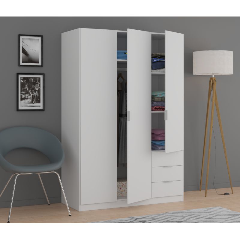 MALCOM - Armoire 3 portes + 3 tiroirs L121 x H180 cm - Blanc