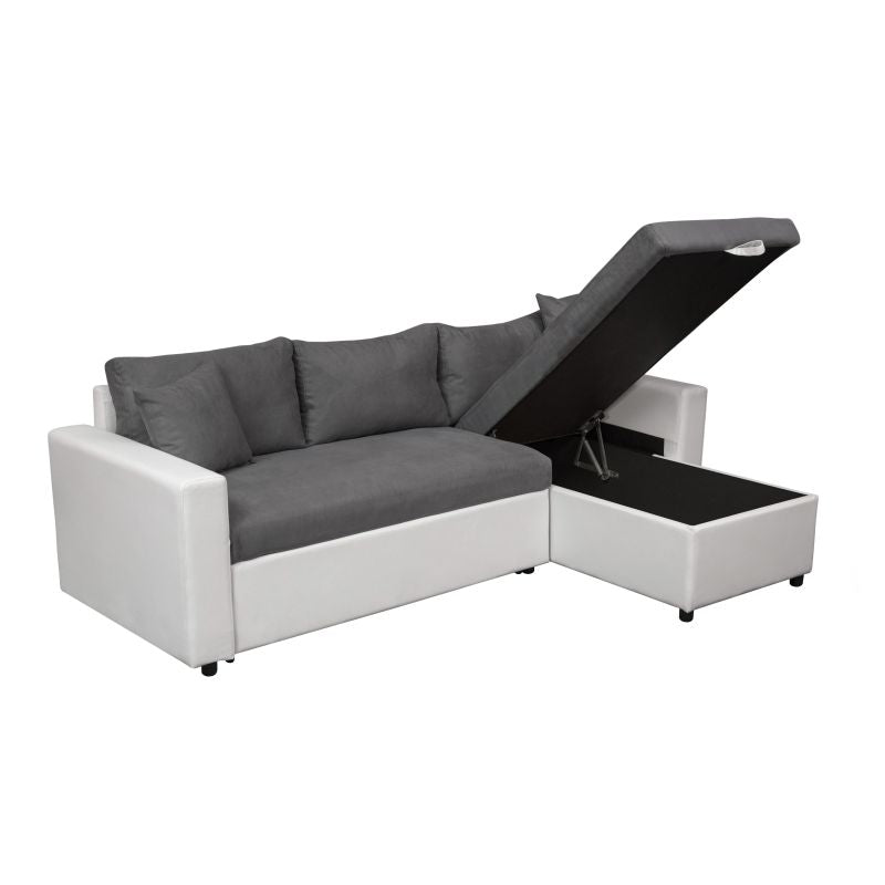 LUMIRA - Canapé d'angle réversible, convertible en simili et microfibre avec coffre - Gris/blanc