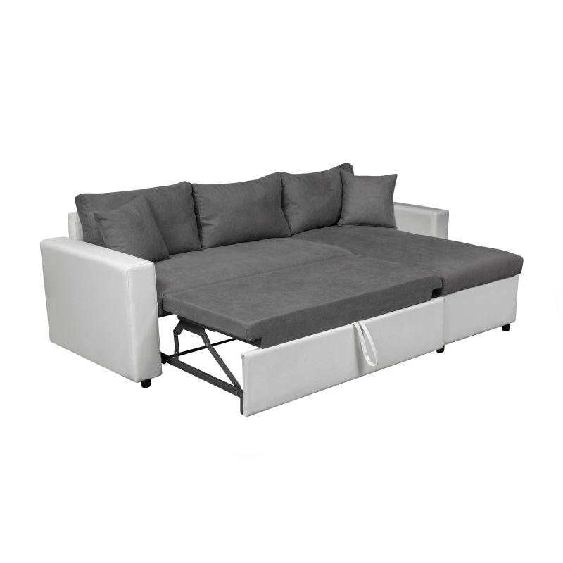 LUMIRA - Canapé d'angle réversible, convertible en simili et microfibre avec coffre - Gris/blanc