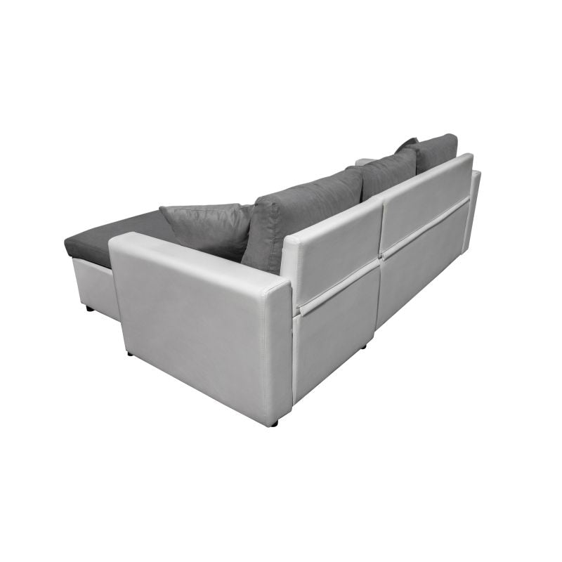 LUMIRA - Canapé d'angle réversible, convertible en simili et microfibre avec coffre - Gris/blanc