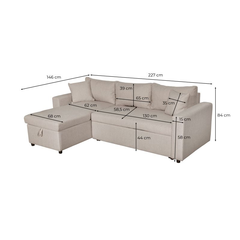 LUMIRA - Canapé d'angle réversible, convertible en tissu avec coffre de rangement - Beige