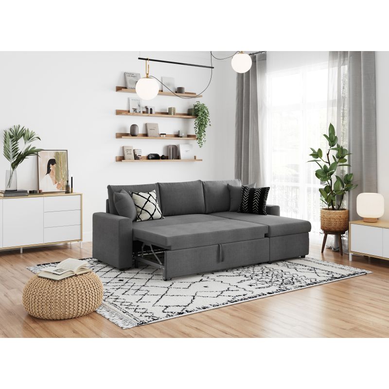 LUMIRA - Canapé d'angle réversible, convertible en tissu avec coffre de rangement - Gris foncé