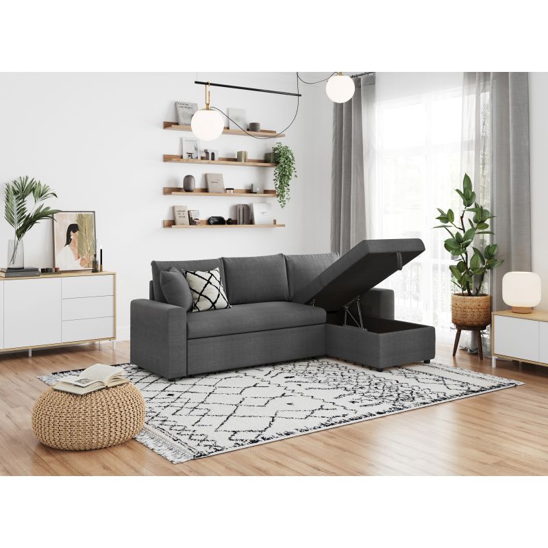 LUMIRA - Canapé d'angle réversible, convertible en tissu avec coffre de rangement - Gris foncé