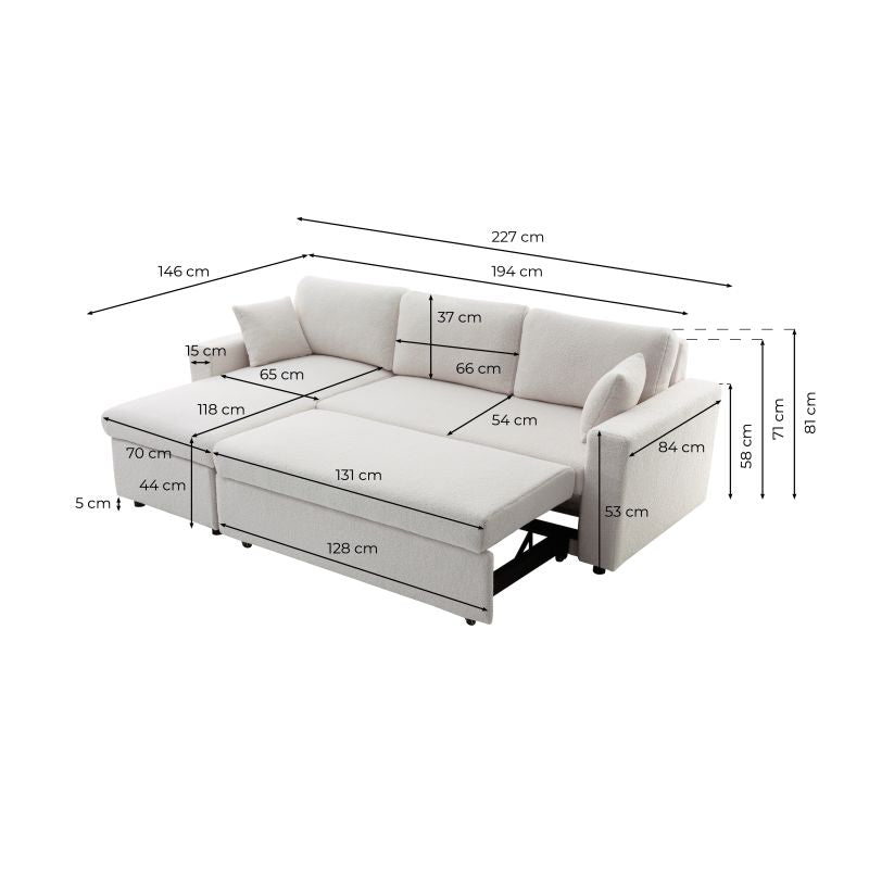 LUMIRA - Canapé d'angle réversible, convertible en tissu bouclettes - Blanc