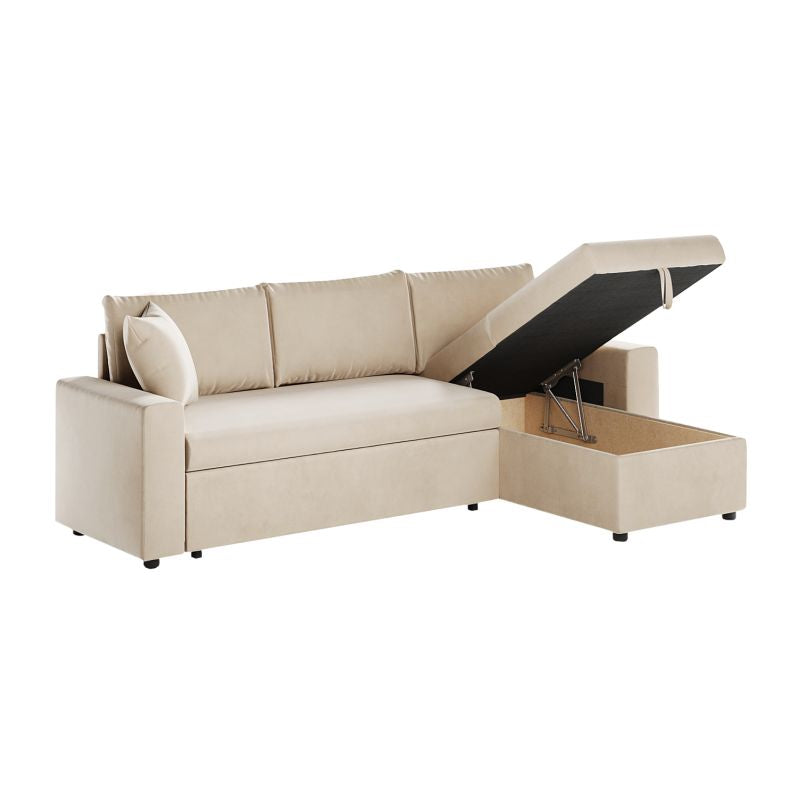 LUMIRA - Canapé d'angle réversible, convertible en velours avec coffre - Beige