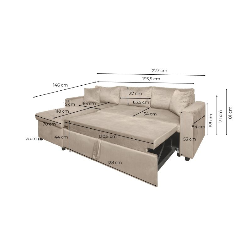 LUMIRA - Canapé d'angle réversible, convertible en velours avec coffre - Grège