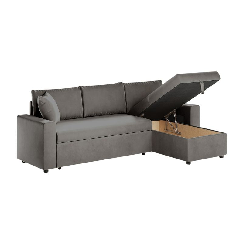 LUMIRA - Canapé d'angle réversible, convertible en velours avec coffre - Gris foncé