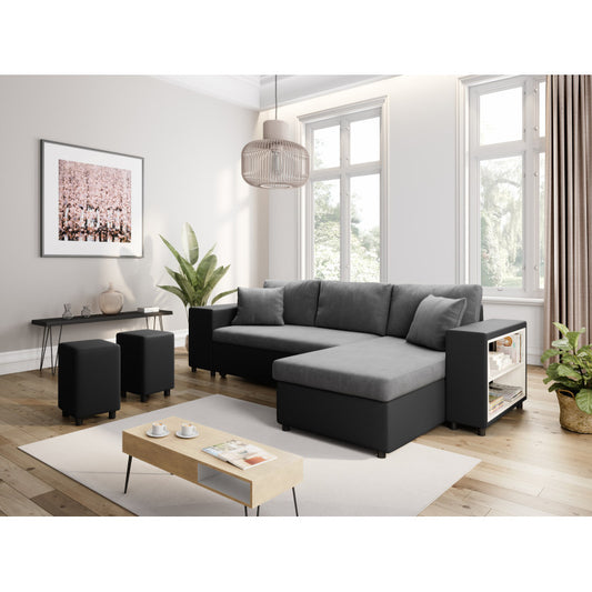 LUMIRA PAC - Canapé d'angle convertible coffre pouf et étagère en simili et microfibre - Gris/noir - Angle droit (vue de face)