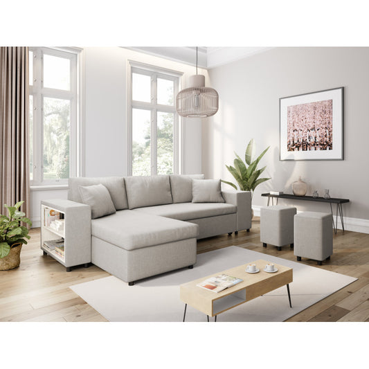 LUMIRA PAC - Canapé d'angle convertible coffre pouf et étagère en tissu - Naturel - Pouf à droite