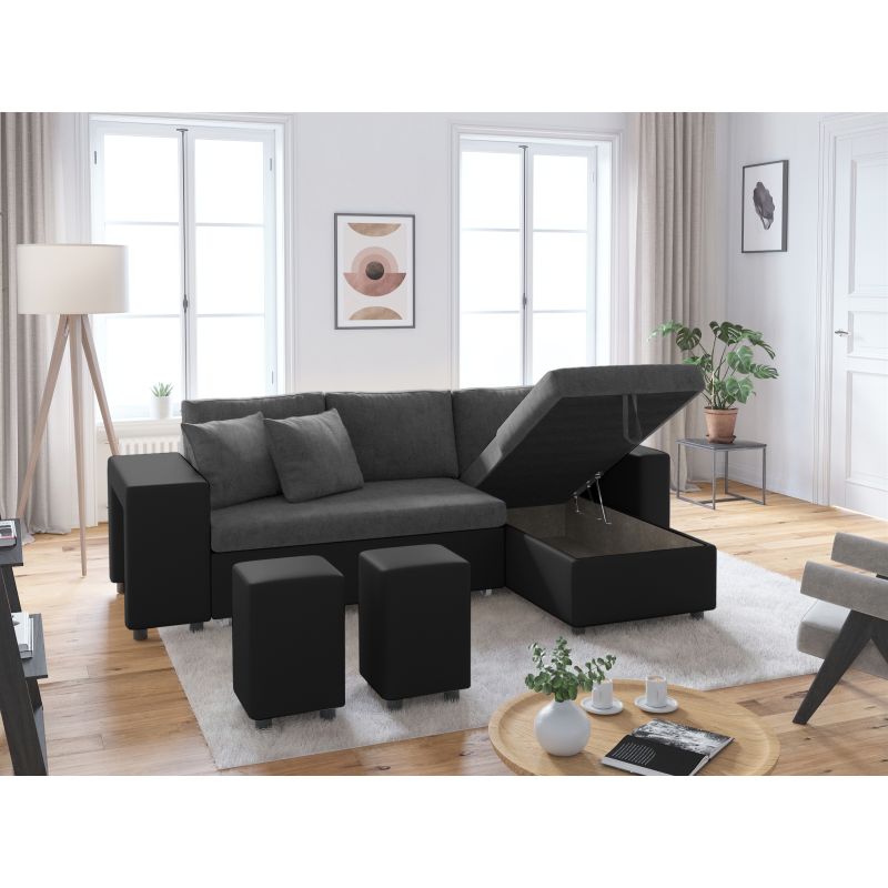 LUMIRA PLUS - Canapé d'angle réversible convertible avec coffre et 2 poufs en microfibre et simili - Gris/noir - Angle droit (vue de face)