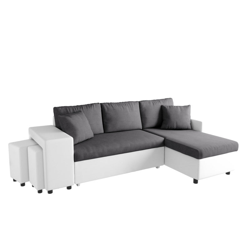 LUMIRA PLUS - Canapé d'angle réversible convertible avec coffre et 2 poufs en microfibre et simili - Gris/blanc - Niche à gauche